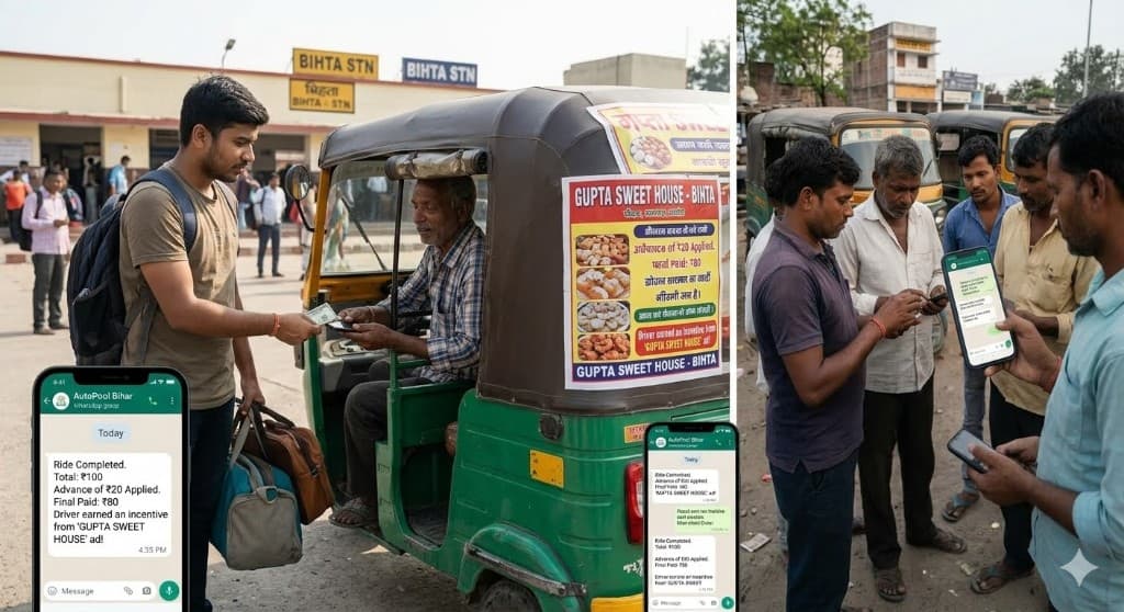 Real ride completed through Chalo — student paying driver at Bihta station with WhatsApp confirmation